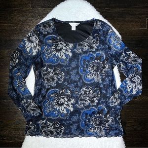 Christopher & Banks Gauzy Blue and Black Floral Blouse Large